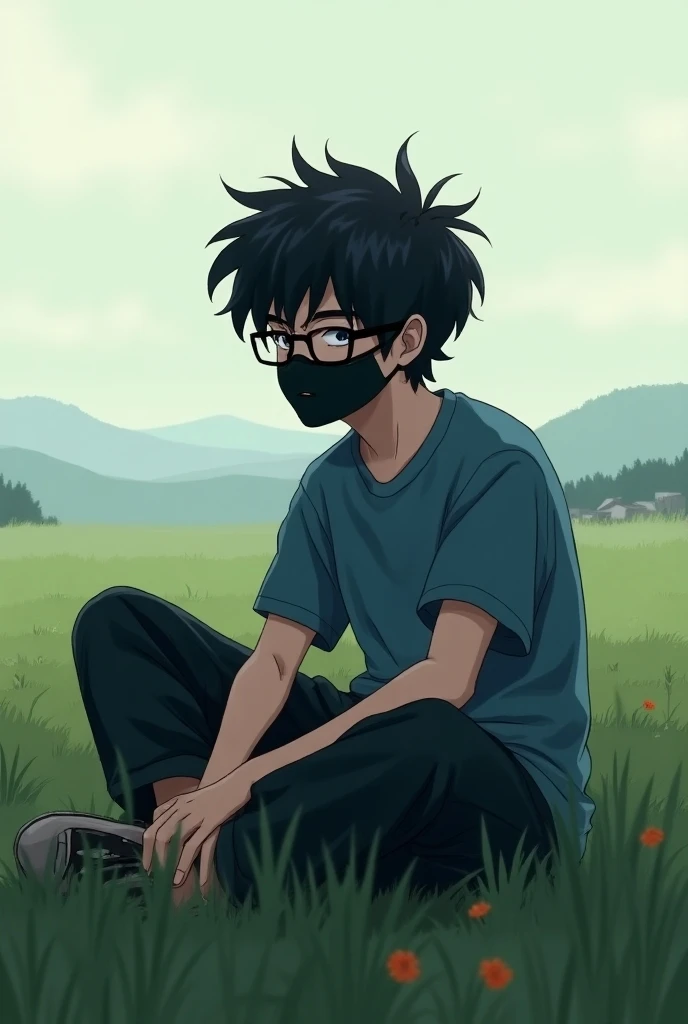 boy with black fluffy hair, teenager, wearing a mask, black glasses, sitting in a field, wearing a blue shirt, and baggy pants