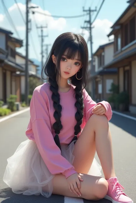  The woman looks very beautiful and cute,Long braided hair,Glowing black eyes,Wear a pink long-sleeved shirt., Clear, short white bubble , Wear pink sneakers, Sitting in the middle of the street , View of the Japanese house ,