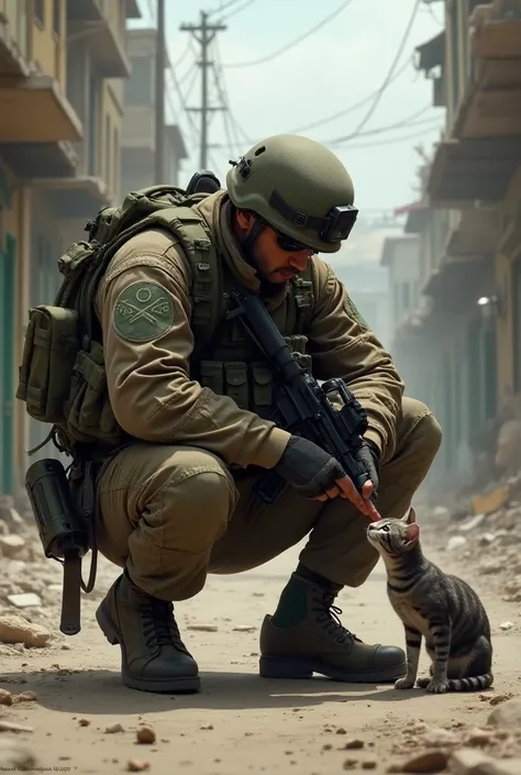 A soldier crouching down to pet a cat in military gear.