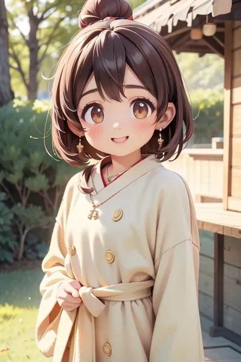  shiny brown hair,  short hair, ( beautiful brown eyes 、  Sparkling Eyes, fine grain)、smile、超 Detailsな目、非常に Detailsな顔, 非常に Detailsな目, cowboy shots、  High Resolution ,8k, best quality, Details,Semi-realistic anime,3Dアニメwind,Smooth anime CG for 1 person,20 y...