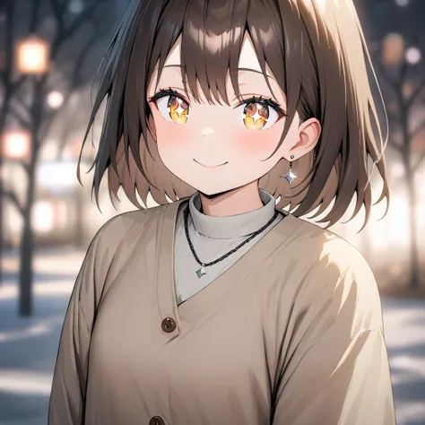  shiny brown hair,  short hair, ( beautiful brown eyes 、  Sparkling Eyes, fine grain)、smile、超 Detailsな目、非常に Detailsな顔, 非常に Detailsな目, cowboy shots、  High Resolution ,8k, best quality, Details,Semi-realistic anime,3Dアニメwind,Smooth anime CG for 1 person,20 y...