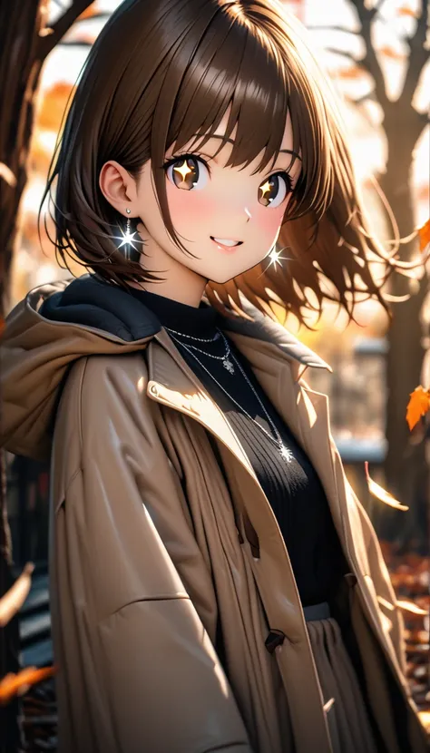  shiny brown hair,  short hair, ( beautiful brown eyes 、  Sparkling Eyes, fine grain)、smile、超 Detailsな目、非常に Detailsな顔, 非常に Detailsな目, cowboy shots、  High Resolution ,8k, best quality, Details,Semi-realistic anime,3Dアニメwind,Smooth anime CG for 1 person,20 y...