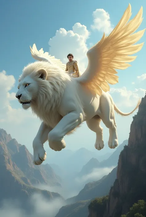 A magical big white lion, beautifully decorated with golden Abu Sun, its four wings, looks very beautiful. On his back sits a heavenly prince, and the lion flies in the sky, over the mountains,