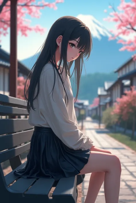 Anime girl with leather skirt sitting on the bench,japan background 