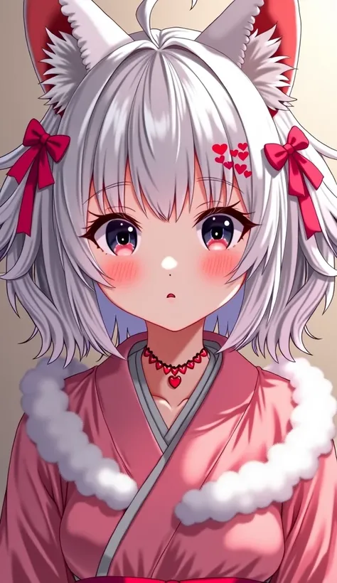 Shine　Sparkling　beautiful　Black Eyes, White Hair　 pink kimono 　red　 upper body　red面する, ribbon, Lots of heart hair ornaments　Cute Girls　 close-up , Fox Ears, The chest does not open