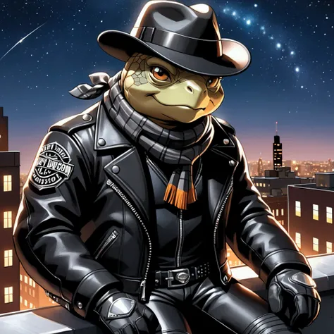 "Closeup, manga art style, an extremely badass anthropomorphic tortoise wearing an insanely cool black leather Harley Davidson biker jacket open, black fedora, black leather biker gloves, black leather biker pants, warm scarf looks out from a rooftop at th...