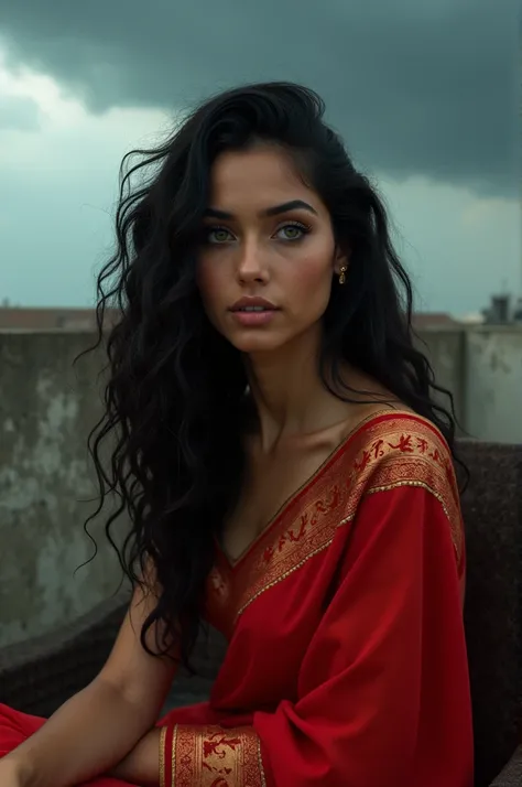 creat a image of a girl model, age 25-29, green eyes, long Black Curly hair,  brunette figure , big breast type, middle Eastern ethnicity, wet hair, sitting on chair on rooftop , background of dark clouds, wearing a Red Indian saree , taking a realistic ph...