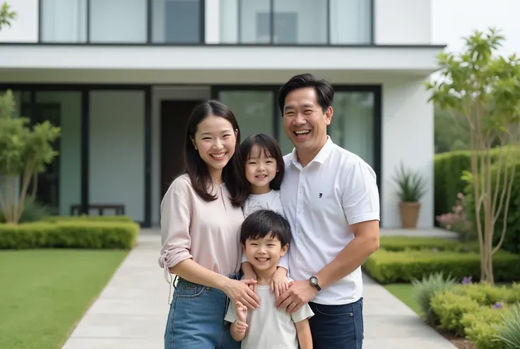 Family laughing in front of a newly built one-story house 、one-story one-story house。A young Japanese family laughing in front of a designers stylish garden。PHOTOGRAPHIC PORTRAIT 。