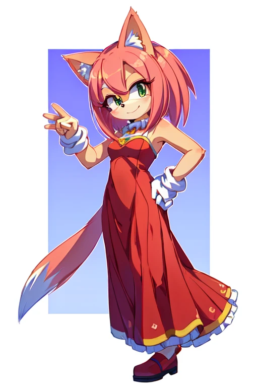 sonic the hedge girl, from sonic, amy rose red dress, tonic the fox, sonic oc, y 2 k cutecore clowncore, zerochan art, lineless, female fursona, smol, cute anime catgirl, inspired by Kōno Michisei, cool pose, cutecore clowncore, regal pose, official charac...