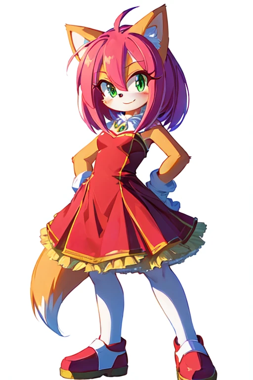 sonic the hedge girl, from sonic, amy rose red dress, tonic the fox, sonic oc, y 2 k cutecore clowncore, zerochan art, lineless, female fursona, smol, cute anime catgirl, inspired by Kōno Michisei, cool pose, cutecore clowncore, regal pose, official charac...