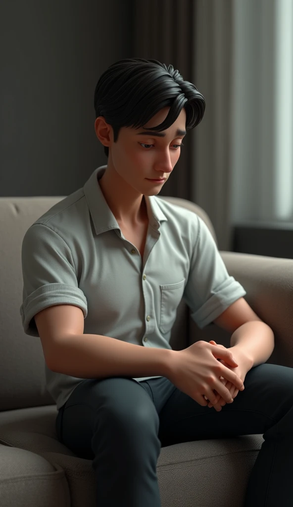 Close -up a man sitting on the sofa  3D animation,wear attractive clothes pants shirts ,sad good figure,