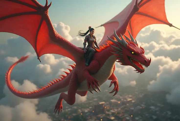 8K Octane, Cinematic, Hyperrealism, Realism, Surrealism, giant red dragon with human riding on it, sexy girl asian armored red, glowing eyes, action scene,  flying very high, medieval town below, top view, clouds, Lens Flare, Motion Blur, fighting scene of...