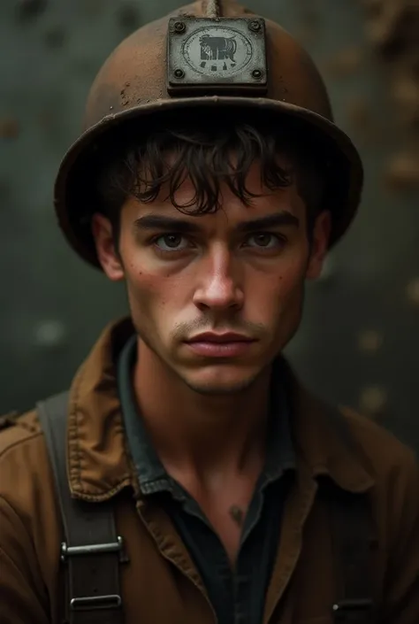 high quality, 1boy, solo, looking at viewer, upper body, brown hair, brown eyes, brown mining outfit and metal helmet