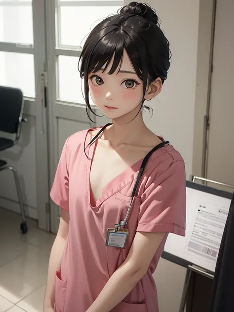 masterpiece, best quality, 1girl, solo, 10years old, flat chest, yuitsuruno, black hair, shoulder length hair, chignon, scrubs,