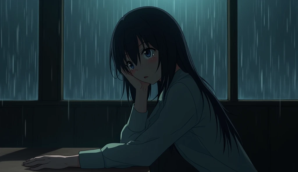 anime scene of a woman sitting at a table in a restaurant, in pain, ( ( makoto shinkai ) ), like tears in rain time to die, tears in the rain, stormy weather. makoto shinkai, anime asthetic, painful, gloomy. by makoto shinkai, lain, rain aesthetic, makoto ...