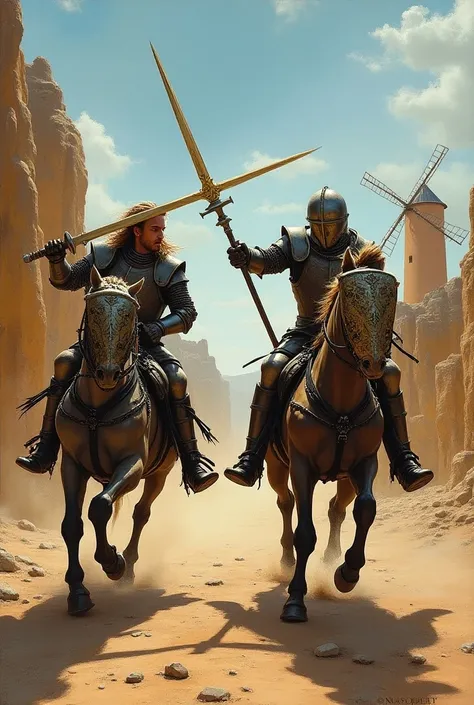 Draw me the picture when Don Quixote fights with the brave Lord of Mirrors