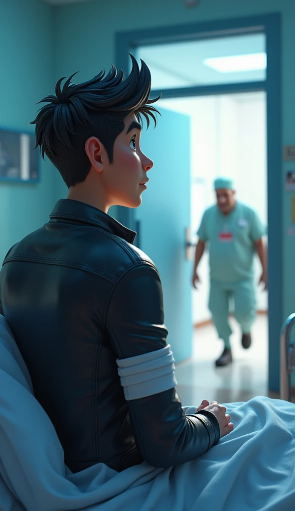 a 3d cartoon Pixar style Raunak, a young man in his 20s with short black hair, wearing a leather jacket Raunak wakes up in a hospital bed, disoriented. He has bandages on his head and arms Standing at the hospital door, Raunak watches in shock as hospital ...