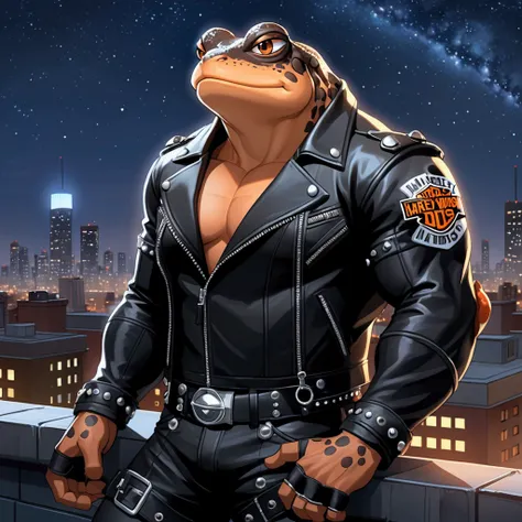 Closeup, anime art style, an extremely badass buff, muscular anthropomorphic toad wearing an insanely cool black leather Harley Davidson biker jacket open, black leather biker gloves, black leather biker pants, looks out from a rooftop at the city lights, ...