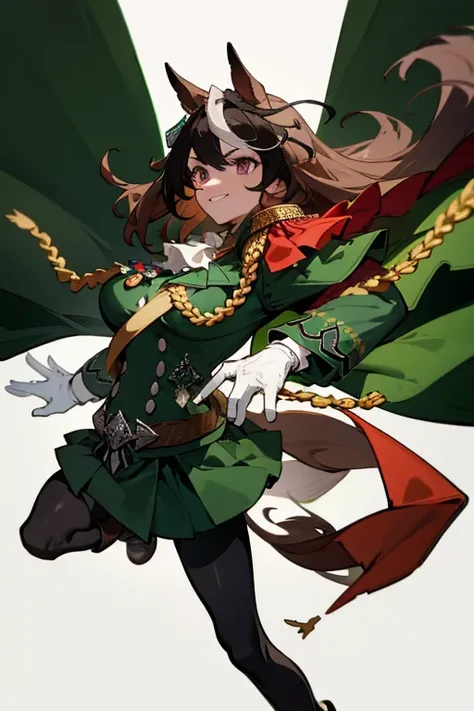 symboli rudolf,One person、girl、Horse tail、best quality,large breasts,Green coat, green military jacket,  green skirt ,Red Cape,White gloves,Black tights,golden epaulettes ,Medals, gem,Button closure,Full Body,	smile,Perfect hands、contrasted