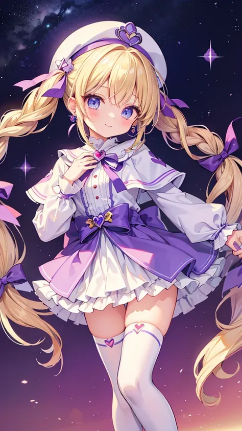 ,,ultra quality,ultra detailed,illustration,an image of a blonde animated girl in a pink dress with purple hair, 1girl, solo, long hair, blonde hair, 
the anime character is dressed as a girl wearing purple , 1girl, solo, jewelry, twin braids,, braid,(low ...