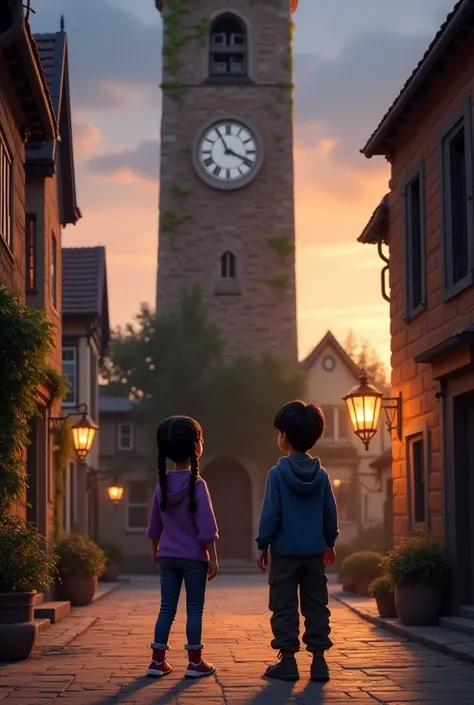 small, peaceful town square at dusk, with warm orange light reflecting off the cobblestone streets. In the center stands an old, towering clock tower with weathered bricks, ivy climbing its sides, and a large clock face stuck at 11:11. Two ren stand below,...