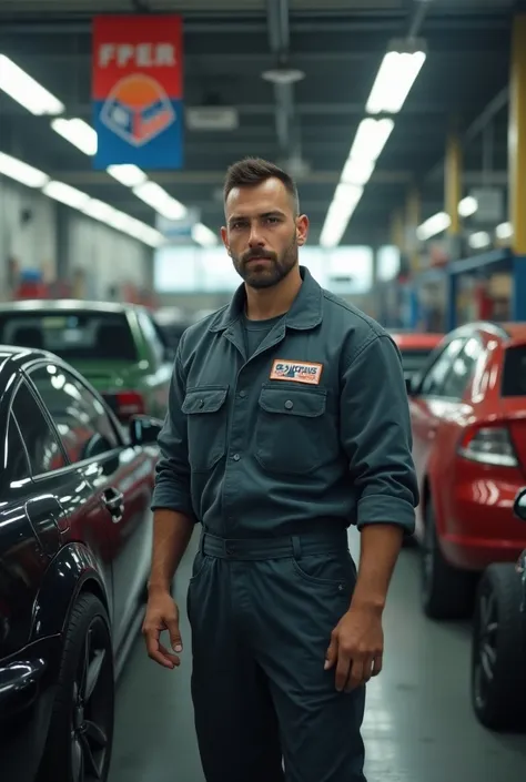 A man standing in a workshop full of car fixing air conditioning. Signage Easy Autos Air conditioning