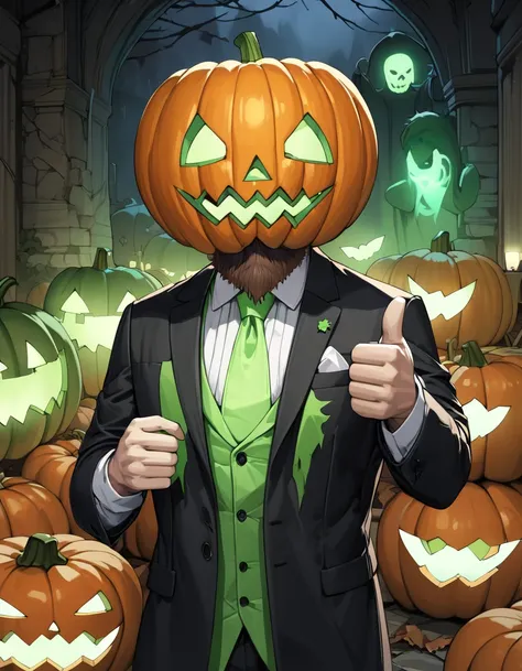 ((masterpiece)、(absurdres)、(ultra detailed)、(4K),Anatomically correct,Alone,Horror、 pumpkin mask :0.7,suit:1.2、Thumbs up, graveyard、ghost lighting:1.3,glow lighting:1.3,upperbody shot, hero costume、Robe、 evil cloak 、 glowing green :1.3,beard:1.3,beak :1.2,