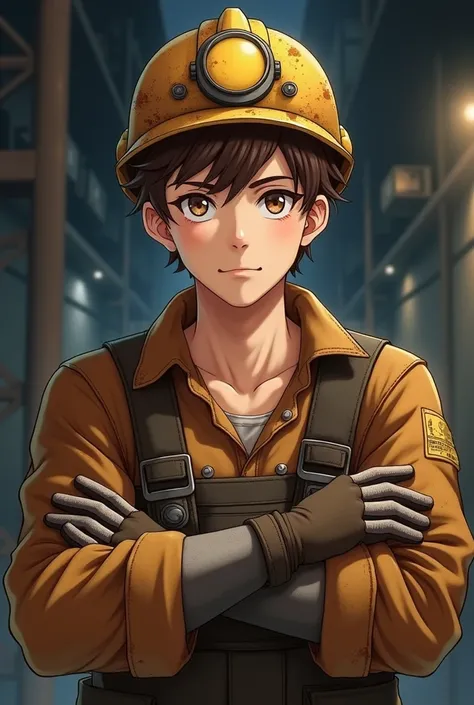 anime style, high quality, 1boy, solo, looking at viewer, upper body, brown hair, brown eyes, brown mining outfit and metal helmet