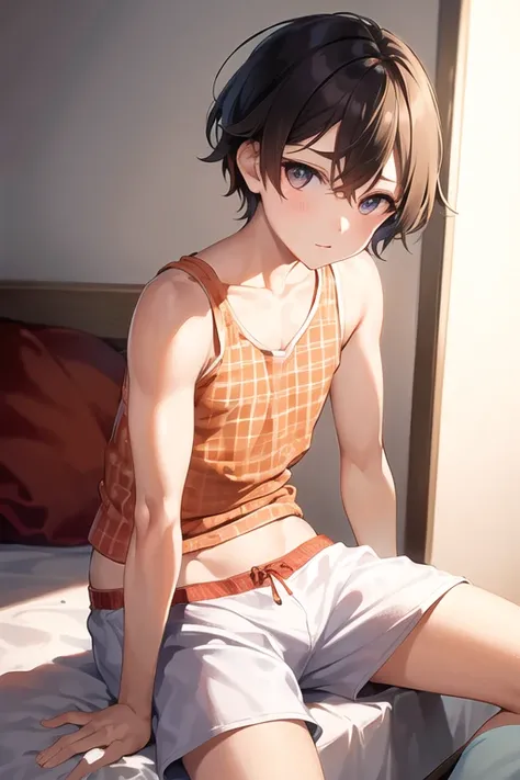 boy sitting on the bed, white long tank top, orange plaid underwear, beautiful eyes, ((best quality))