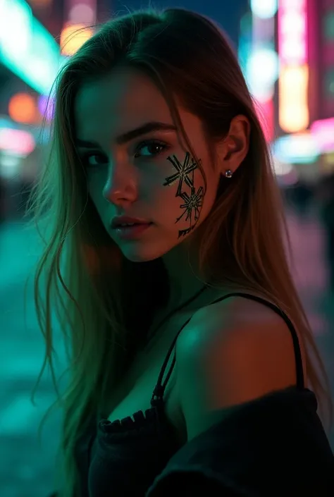 A girl with long light brown hair, black eyes, and green neon tattoos glyphs on her face and nice The girl was ready to hit the green neon street 