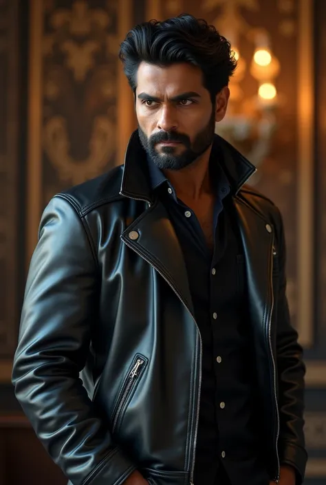 Create an intimidating 35 years old handsome indian man, serious and attractive. He has black hair and dark brown eyes. He has a broad back as well as his shoulders. He has a leather jacket. (cinematic:1.3), intricate details, (ArtStation:1.2) 8k, wallpape...