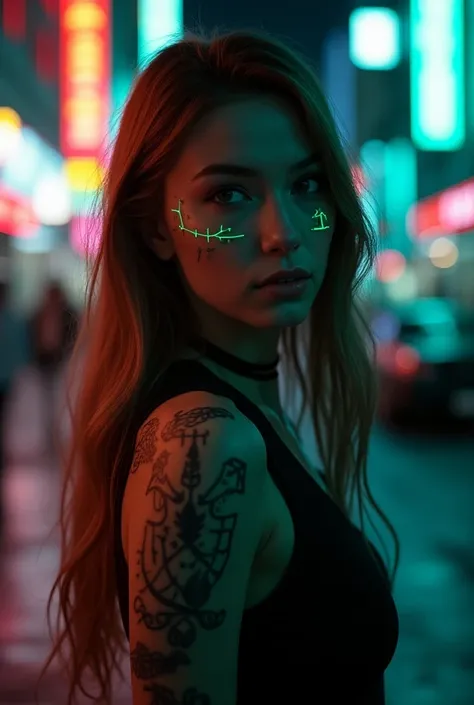 A girl with long light brown hair, black eyes, and green neon tattoos glyphs on her face and nice The girl was ready to hit the green neon street 