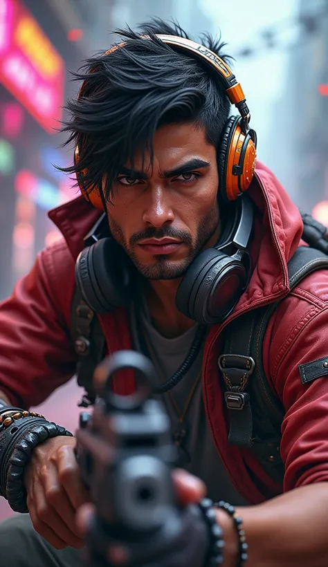 A hd resolution highly detailed and realistic freefire dj alok character playing freefire BR-Rank, man with intense expression, detailed face features, intricate clothing and weapons, dramatic lighting, vibrant and gritty colors, 4k, hyper detailed, cinema...