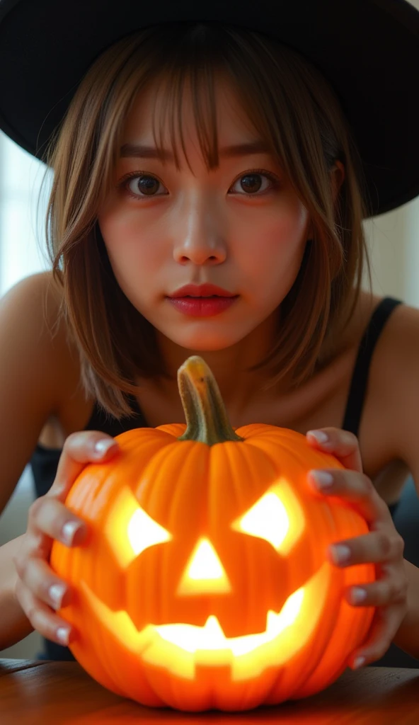  20 year old Japanese woman ,  Photorealism , extreme close up, Lit from behind:0.95,    hold your palm over the giant Halloween pumpkin on the table {x} ,  Pumpkin that shines inside  , rim lighting,   backlit realistic  ,    the pumpkin on the table  , W...