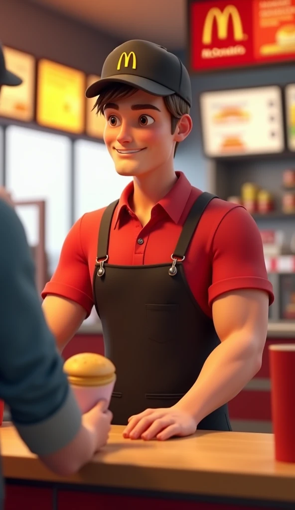 Disney style a young man with light skin, Brown  hair，He is a 30-year-old McDonalds male employee，（muscle：0.8），Handsome face，Checkout desk ， wearing red McDonalds work clothes，Black Apron， wearing a black employee hat ， interacts with customers ， McDonalds...