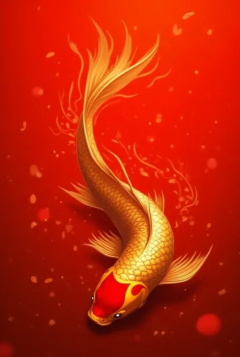 an artistic illustration featuring a large golden carp swimming, red background 