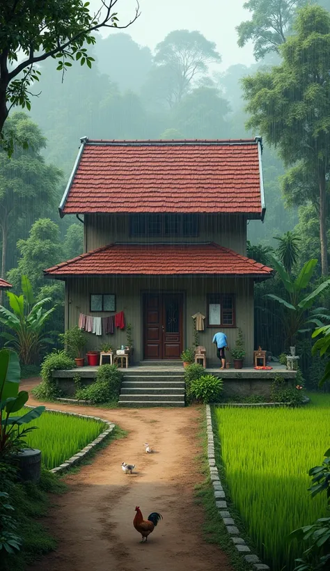  A traditional Indonesian village house , with wall structure ,  modern walls and red tile roof .  The house stands on the ground with a tiled terrace and is surrounded by dirt roads and lush greenery and there are rice fields and there are banana trees an...