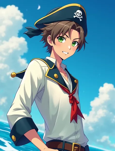 Young man in pirate costume. Brown hair and light green eyes. anime version. 