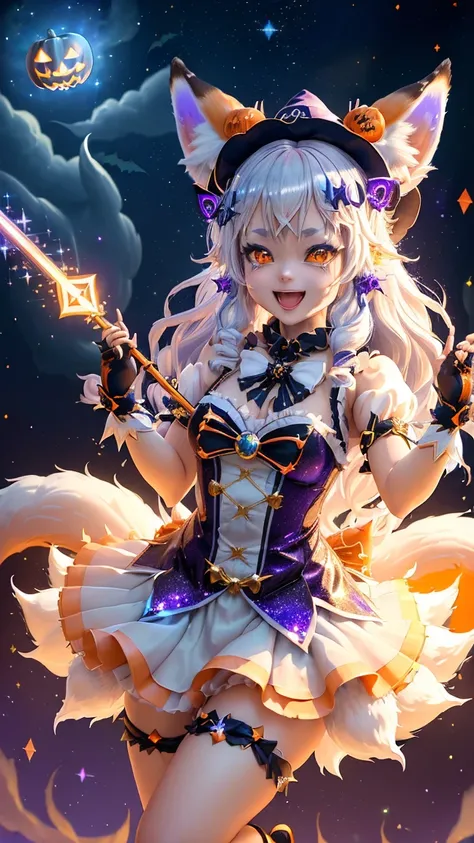 ((Cheerful fox-spirit virtual idol:1.3) with (flowing white-silver hair with blue highlights:1.2, playful fox ears:1.1) wearing ((Halloween-themed magical girl costume:1.2) with (black and orange frilled dress:1.1, cute witch hat with fox ear cutouts:1.1, ...