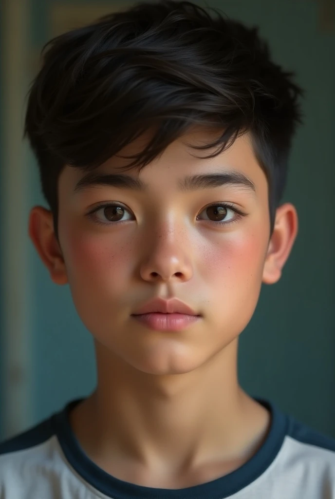 Pretty teen boy , with oval face, chubby cheek and big eyes 