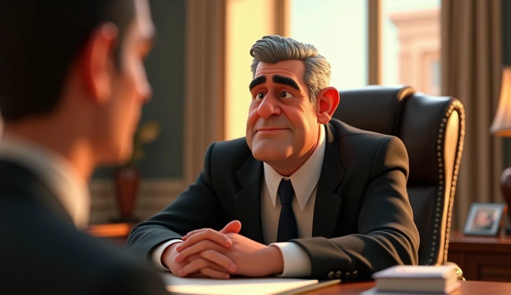 High-definition image, Disney Pixar 3D style, with vibrant and emotional details. The scene shows Arthur, a 45-year-old man with short gray hair, wearing an expensive black suit and an arrogant expression. He is sitting at his luxurious office desk, with m...