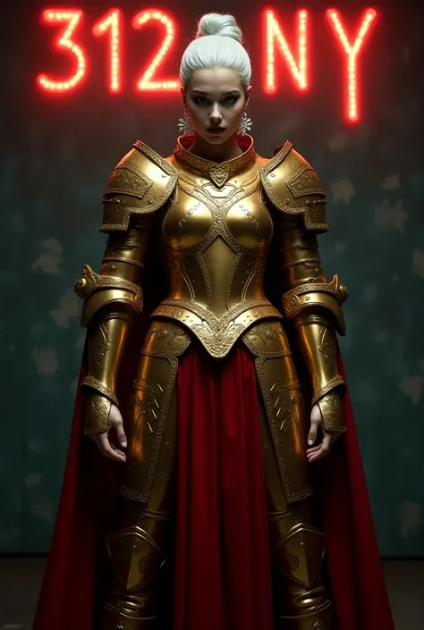 “Create a highly detailed image of a warrior version of snow white, wearing golden armor with queen symbols. sHe should have a gold hair with snow  earings, a red gown.The background should be dark and cinematic writing neon light on the wall making words ...