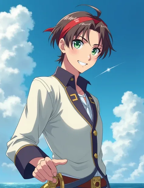 Young man in pirate costume. Brown hair and light green eyes. anime version. 