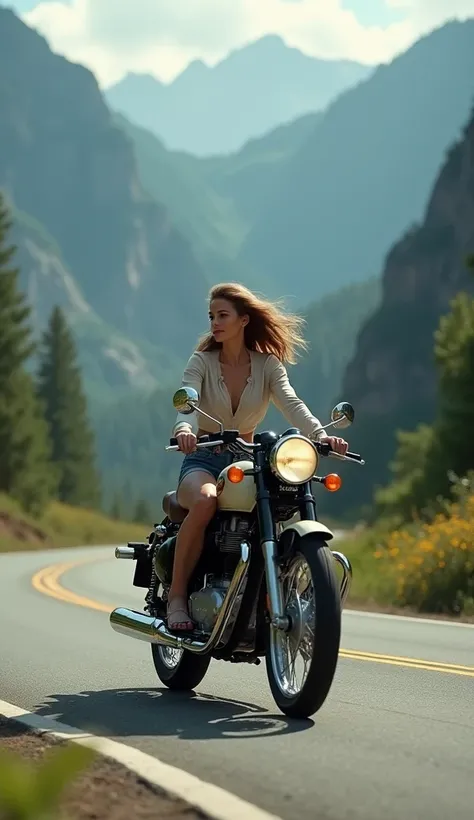 A gorgeous woman with a royal enfield classic driving through a mountai roads without helmet 

