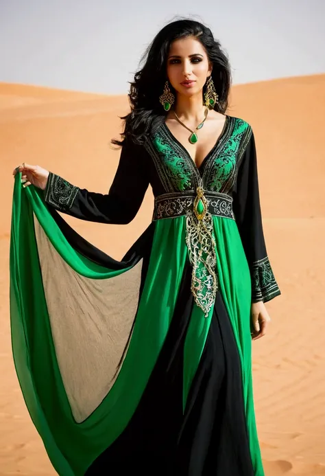 Saudi Arabian Women  ,  Black and Green Gypsy Dress , Whole body, Beautiful and sexy women 