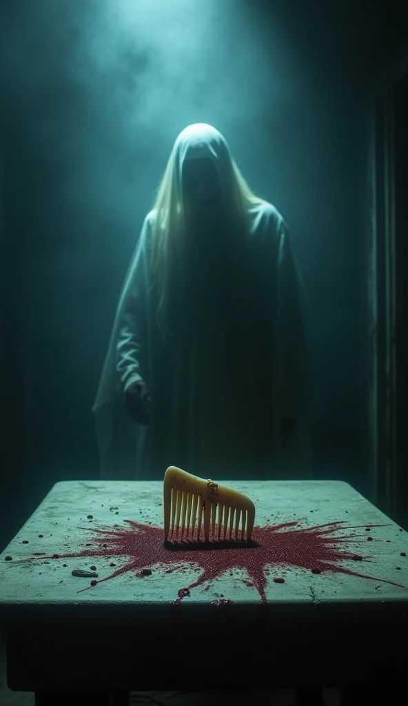 The image of a bloody ivory comb sitting on an old table in a dark, creepy room, behind which a ghostly figure looms in the dark mist. The scene was shot at night, the surroundings are shrouded in darkness, adding to the sense of isolation and fear. The mo...