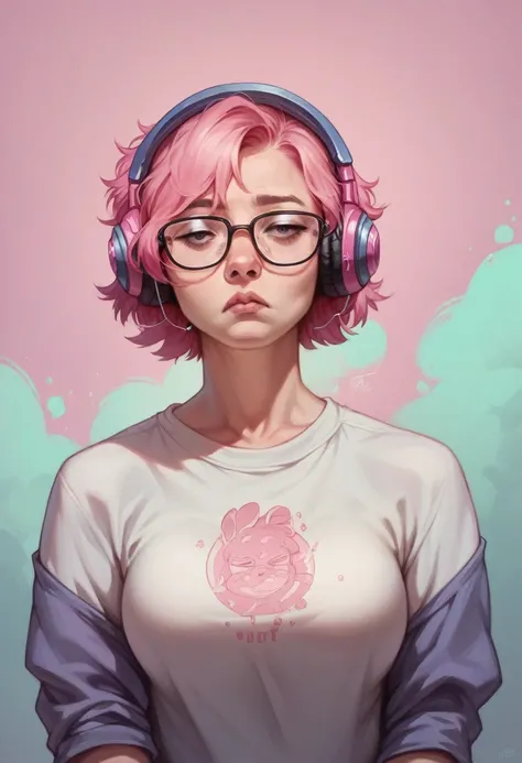  Pink-haired girl wearing headphones with glasses. Big breasts in a sweatshirt ,  tired look Legs out of frame , Accuracy,  Realistic anatomy ,  High definition,  Realistic anatomy ,  high detail,  Short Hair , layered background 