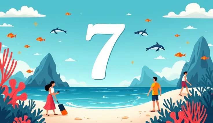 Create a striking YouTube thumbnail for the video titled 7 Everyday Habits to Protect Our Oceans. Use an attractive font for the text 7 Ocean-Friendly Habits! in coral, blue, and white. The background should illustrate an idyllic beach with ocean waves, ma...