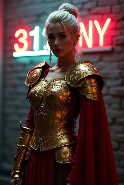 “Create a highly detailed image of a warrior version of snow white, wearing golden armor with queen symbols. sHe should have a gold hair with snow  earings, a red gown.The background should be dark and cinematic writing neon light on the wall making words ...