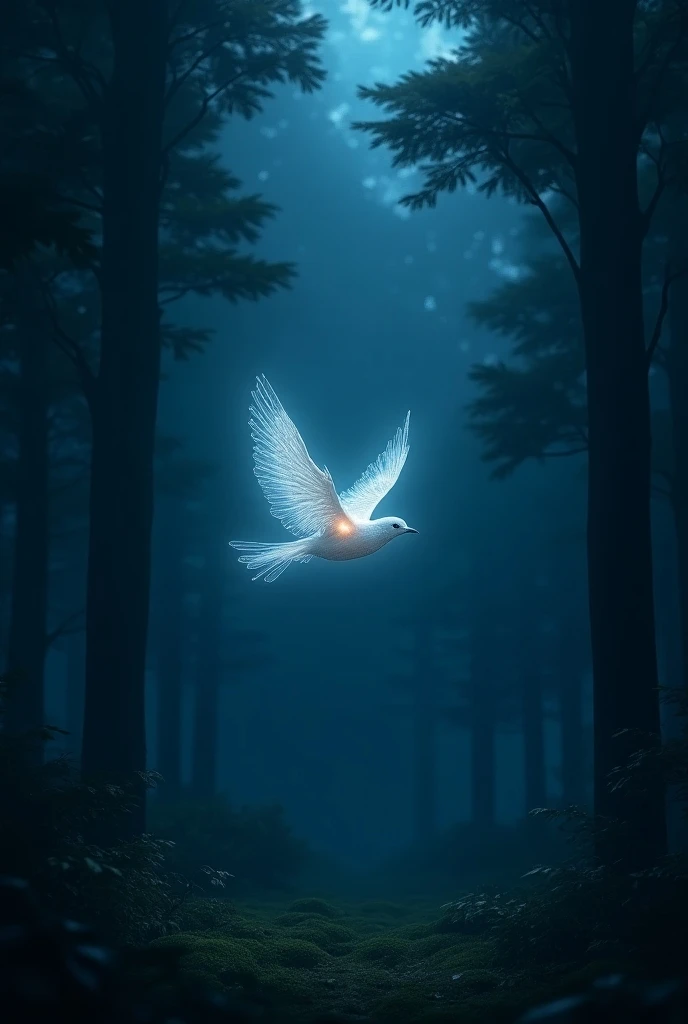 A light  bird flying in the dark forest at night
